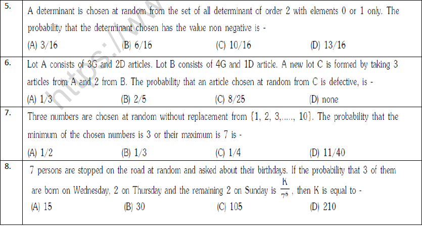 JEE Mathematics Probability MCQs Set B, Multiple Choice Questions